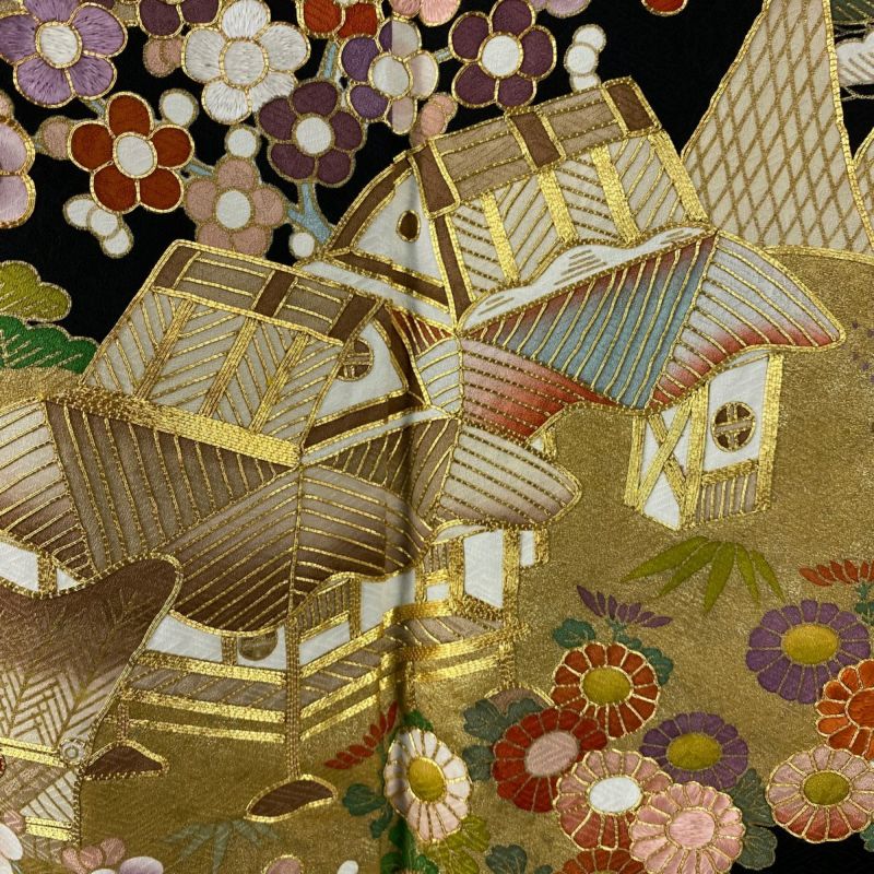 振袖 身長159-174cm 濃茶　正絹 振袖 身丈165cm 裄丈66cm M 袷 桜 雪輪 金通し 金彩 焦茶色 正絹