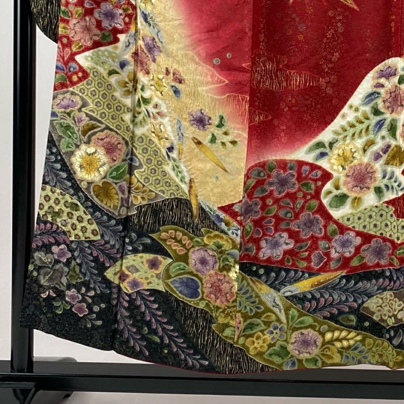 FN25＊美品！辻が花柄＊居敷当て付き＊無双＊振袖用＊長襦袢＊１３４ｃｍ＊裄７１ 振袖 身丈153cm 裄丈64cm M 袷 やまと 辻が花柄 扇面 金通し