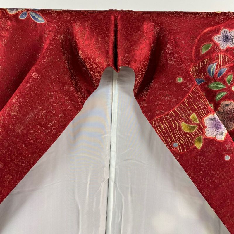 FN63＊美品！辻が花柄＊居敷当て付き＊無双＊振袖用＊長襦袢＊１２９ｃｍ＊裄６７ 振袖 身丈170cm 裄丈67.5cm L 袷 手鞠 辻が花柄 金糸 金彩 赤