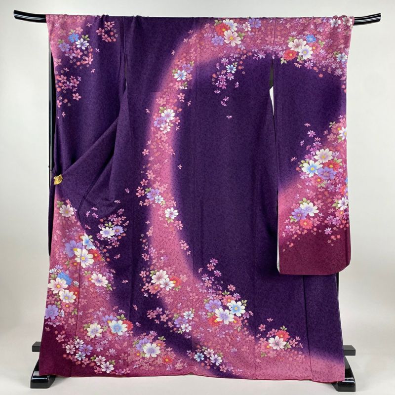 振袖 身丈172cm 裄丈74cm L 袷 草花 銀通し 金糸 紫 正絹 逸品