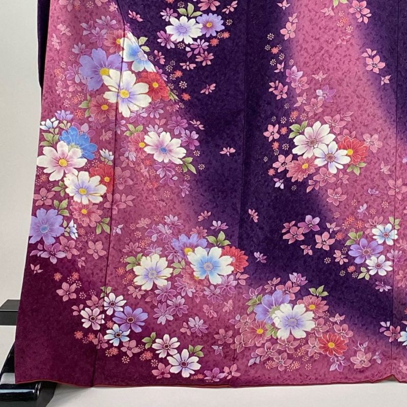 振袖 身丈172cm 裄丈74cm L 袷 草花 銀通し 金糸 紫 正絹 逸品