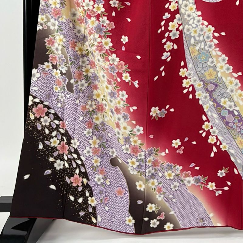 振袖 身丈163cm 裄丈67.5cm L 袷 桜 雪輪 金糸 金彩 赤 正絹 美