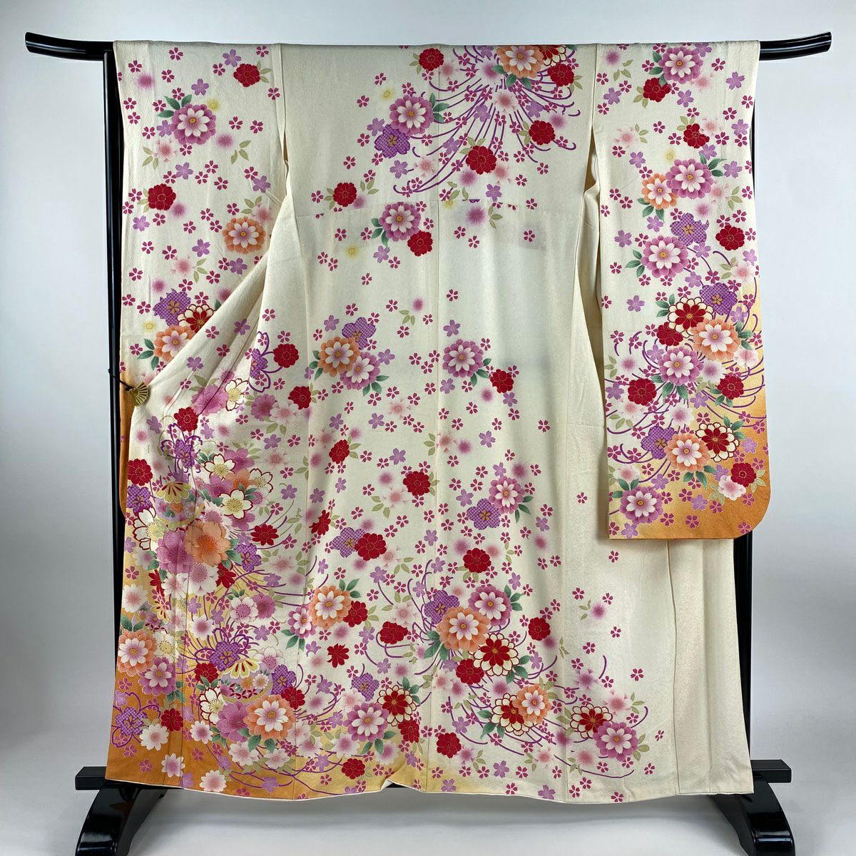 訪問着 身丈159cm 裄丈63cm S 袷 秋草 桜 金彩 ぼかし 灰色 正絹