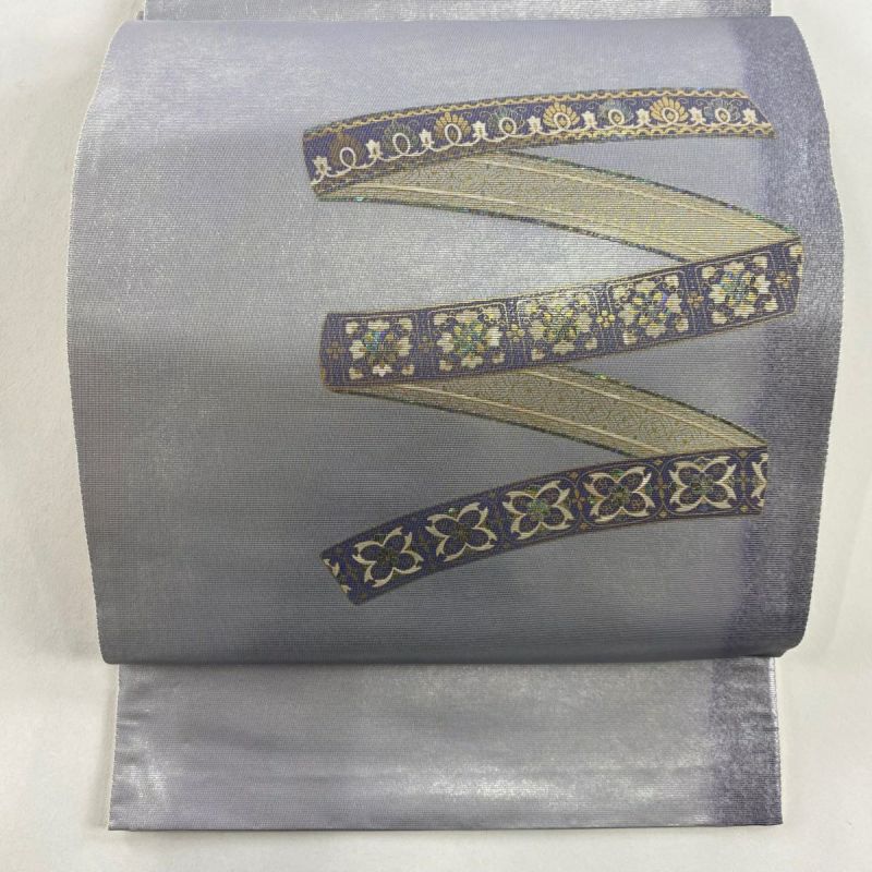 名古屋帯 横断 七宝 金糸折込み 九寸 正絹 U-5039 袋名古屋帯 美品 秀品 華文 七宝 金彩 箔 薄紫 正絹｜中古・古着