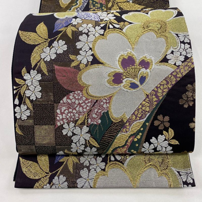 袋帯 秀品 桜 熨斗 唐織 箔 濃紫 六通 正絹｜中古・古着