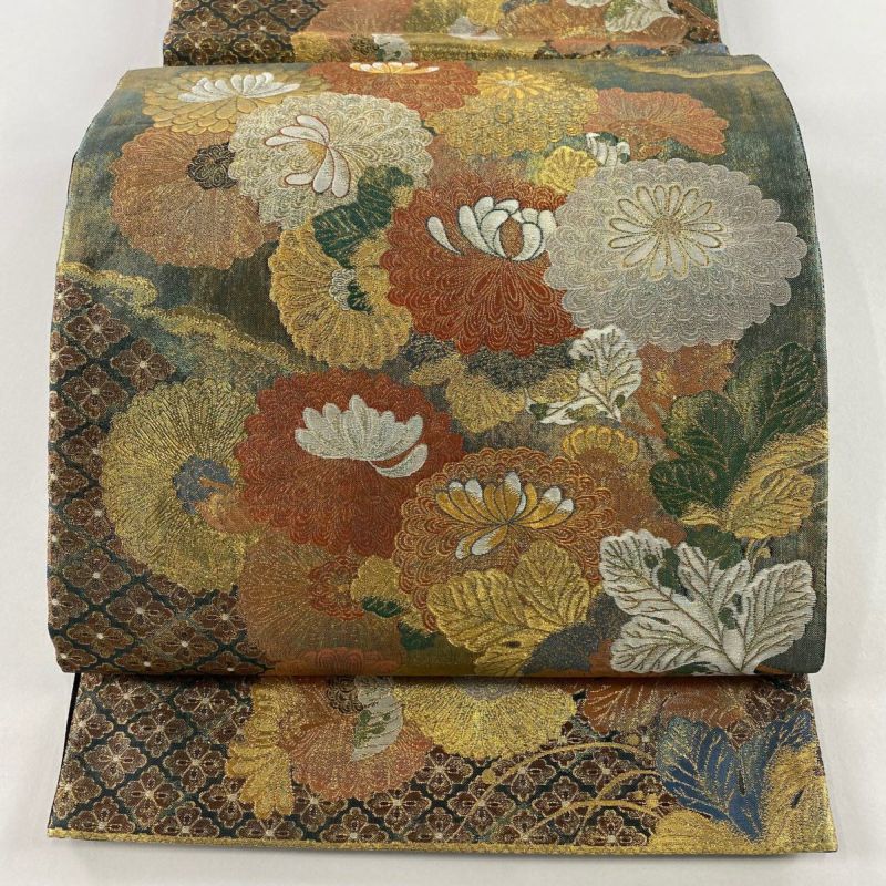 袋帯 秀品 関西仕立て 菊 花菱 金銀糸 箔 灰緑 六通 正絹｜中古