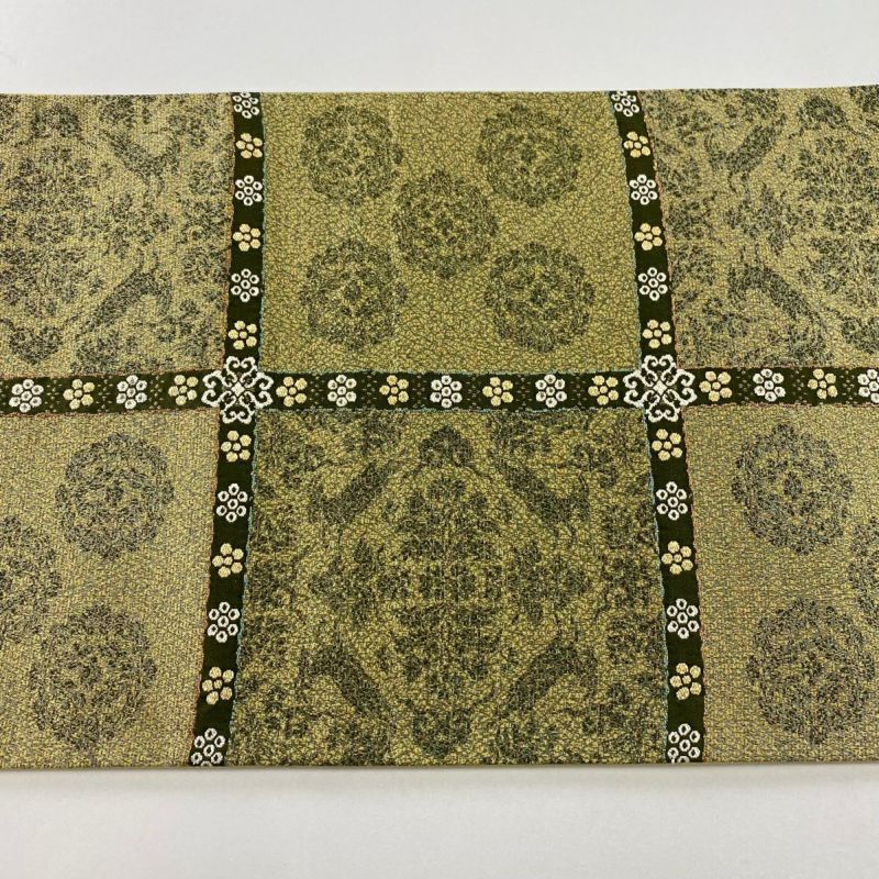 袋帯 美品 秀品 華文 梅 金糸 箔 茶緑色 六通 正絹｜中古・古着