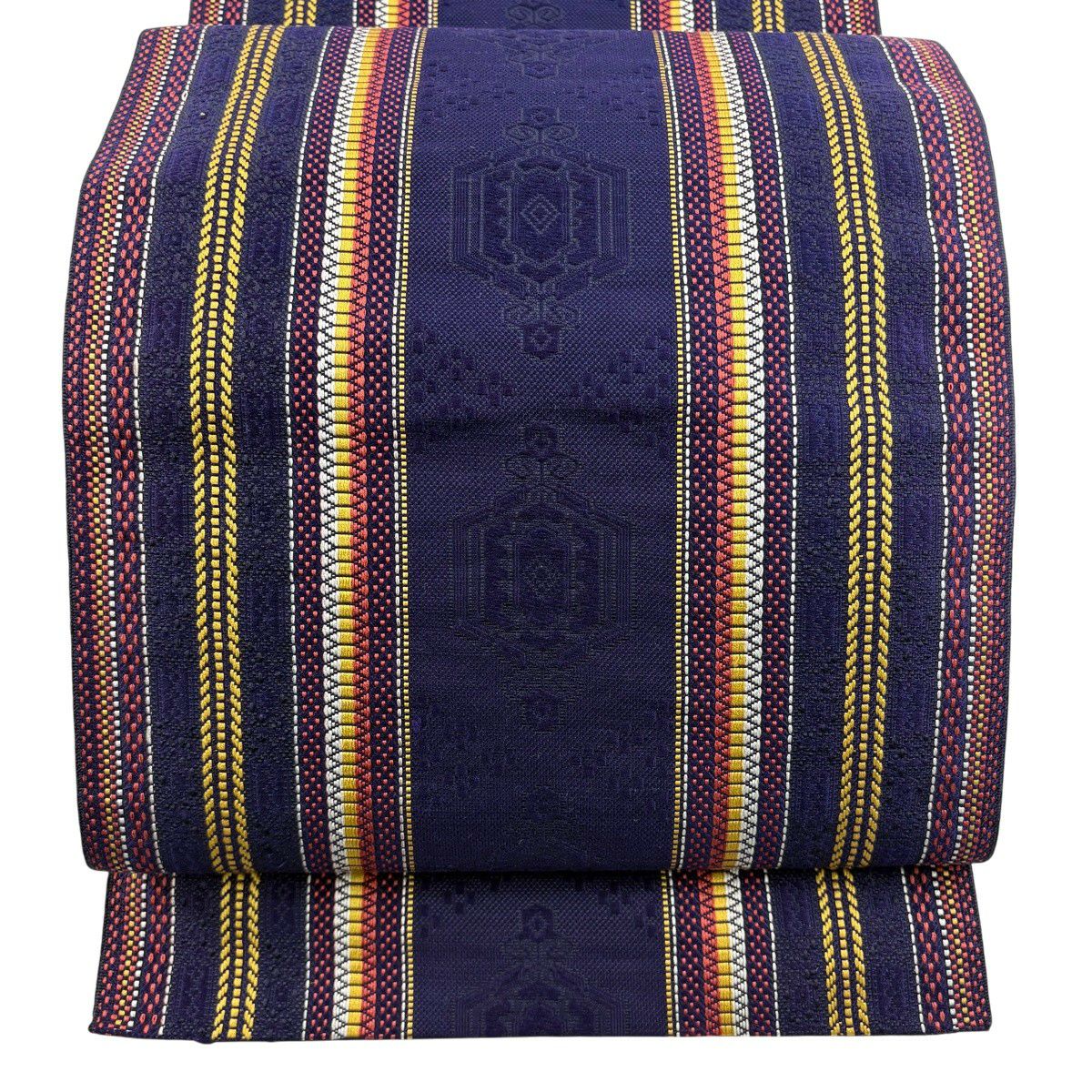 名古屋帯 美品 名品 八寸名古屋帯 松葉仕立て 市松 縞 正絹 名古屋帯 秀品 八寸名古屋帯 松葉仕立て 縞 紺色 正絹｜中古・古着