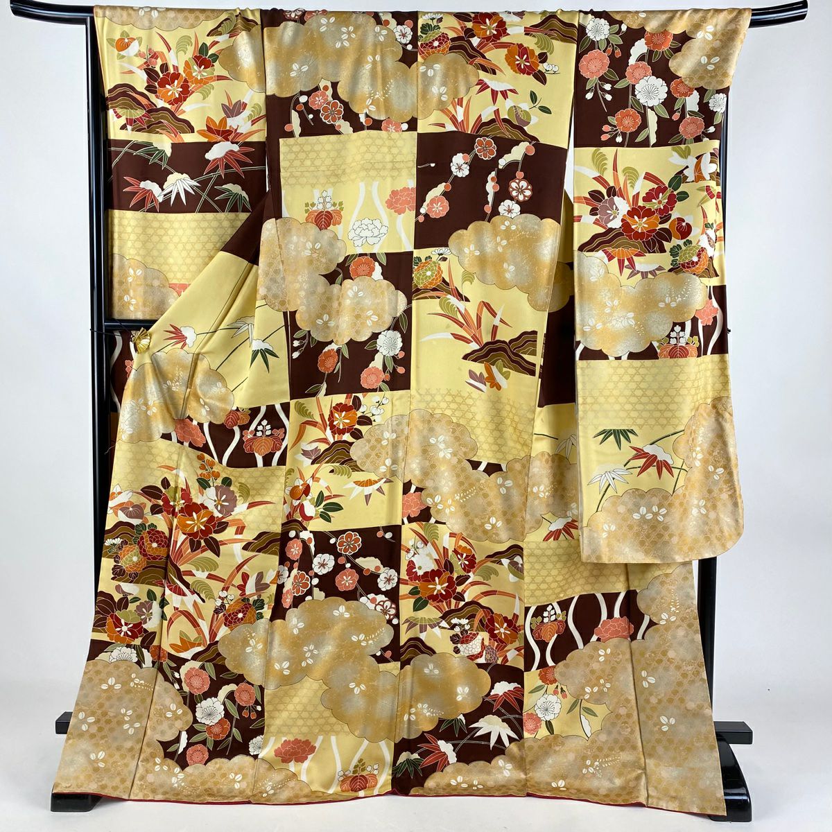 50%OFF 振袖 身丈176.5cm 裄丈69cm L 袷 草花 御所車 箔 金銀彩