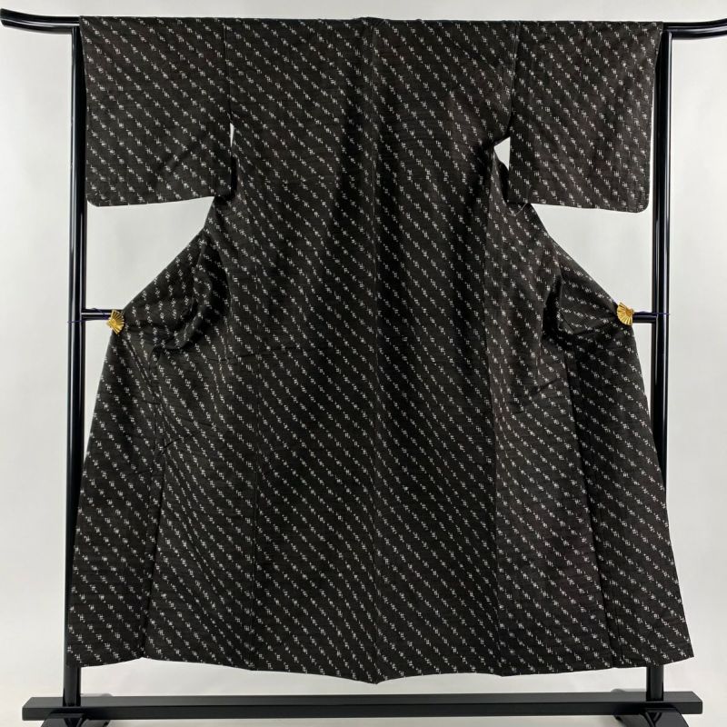 紬 身丈152cm 裄丈65cm M 単衣 バチ衿 証紙あり 十日町絣 焦茶色