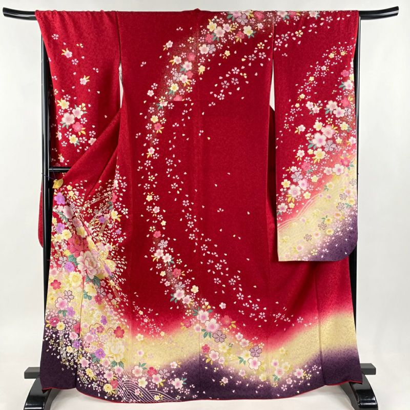 振袖 身丈169.5cm 裄丈68.5cm L 袷 牡丹 桜 刺繍 銀通し 赤 正絹