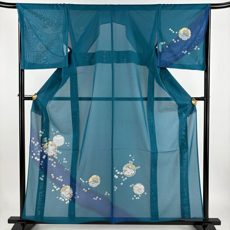 付下げ 身丈160cm 裄丈66cm M 薄物 絽 雪輪 草花 金彩 染分け 青