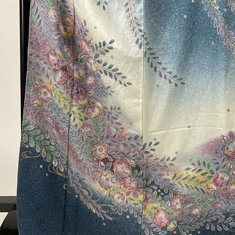 訪問着 身丈169cm 裄丈71cm L 袷 辻が花 金彩 ぼかし 青灰色
