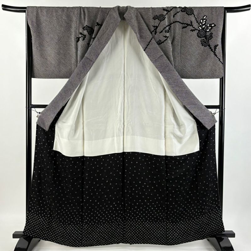訪問着 身丈163cm 裄丈66cm M 袷 枝花 総絞り 黒 正絹 美品 秀品