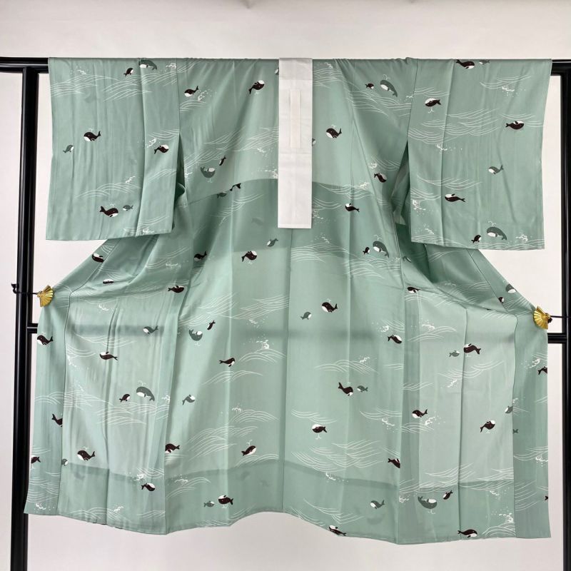 長襦袢 身丈119cm 裄丈63cm S 鯨 波 薄緑 正絹 美品 秀品｜中古
