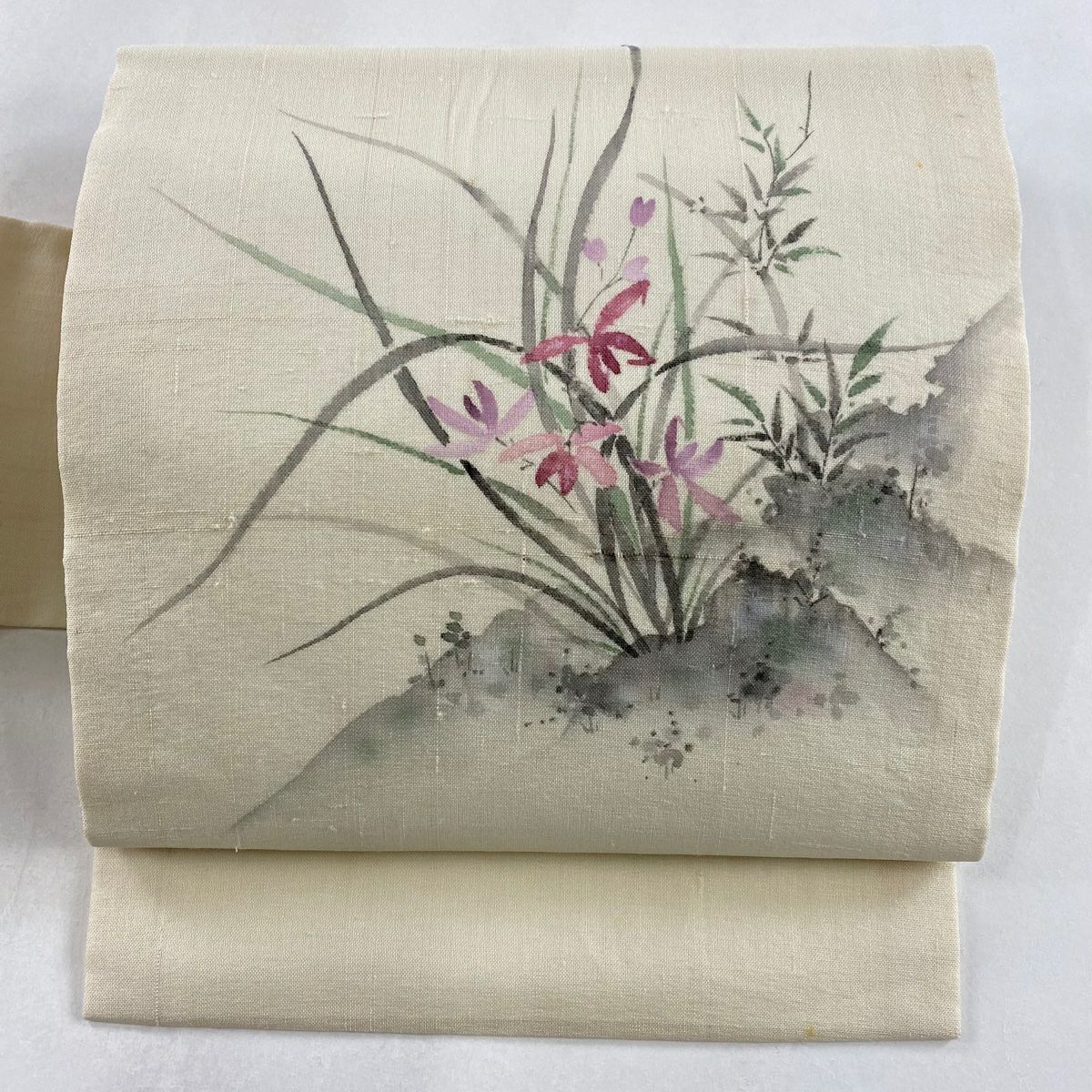 ☆【最終値下げ】504mn74☆夏帯 名古屋帯 絽 銀糸 花 クリーム色☆美品 夏帯】絽綴れ 名古屋帯 桔梗 絹 金糸 銀糸 生成り 白 水色 541