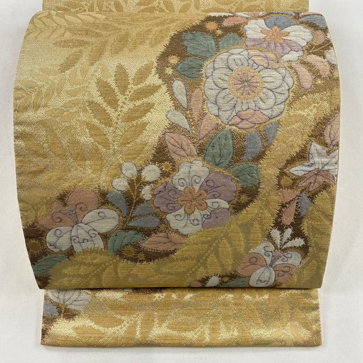 袋帯 美品 秀品 辻が花柄 金銀糸 箔 ベージュ お太鼓柄 正絹 袋帯 美品 秀品 辻が花柄 金銀糸 箔 ベージュ お太鼓柄 正絹