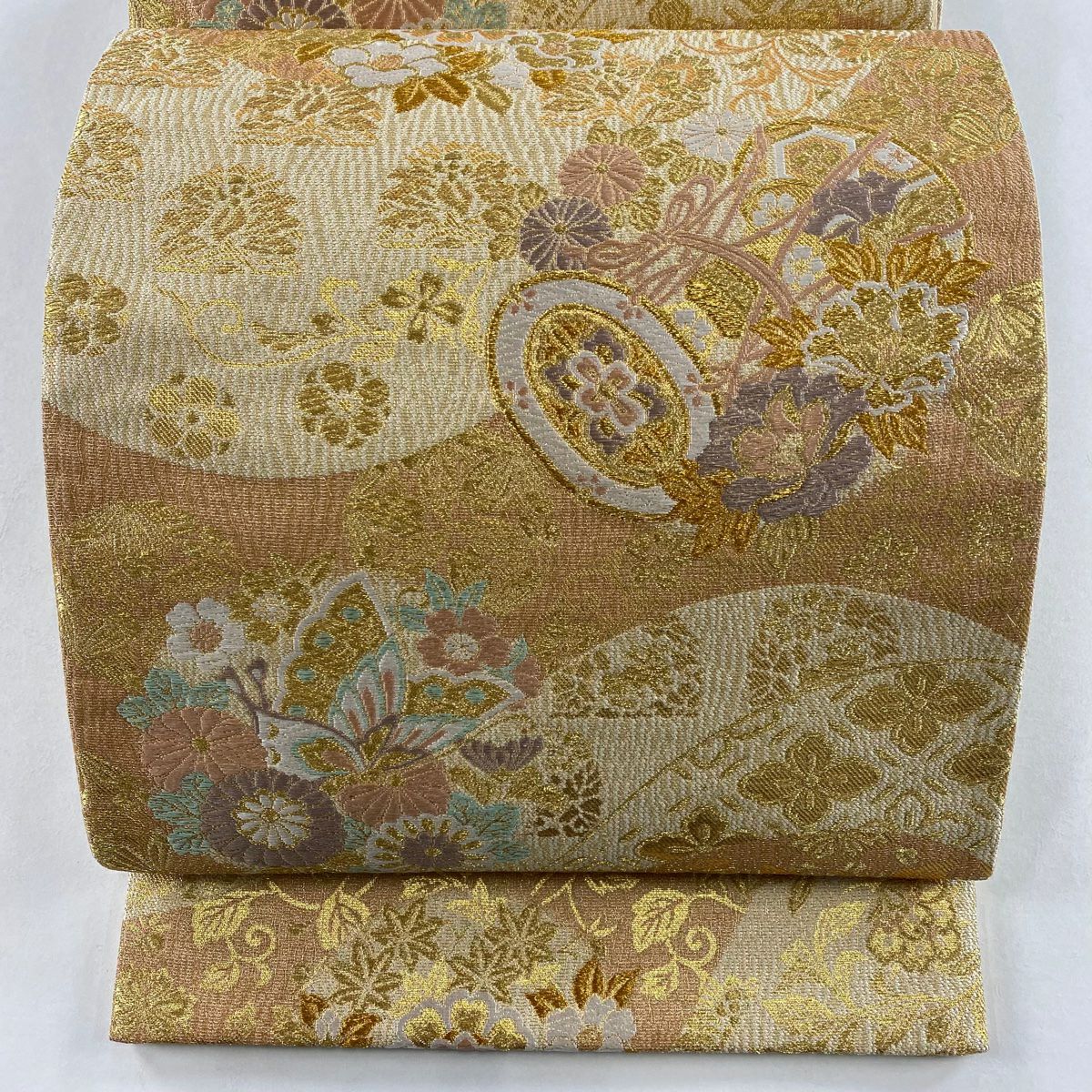 袋帯 美品 秀品 雪輪 草花 箔 金糸 灰色 六通 正絹|中古・古着 袋帯 美品 秀品 雪輪 草花 箔 金糸 灰色 六通 正絹|中古・古着