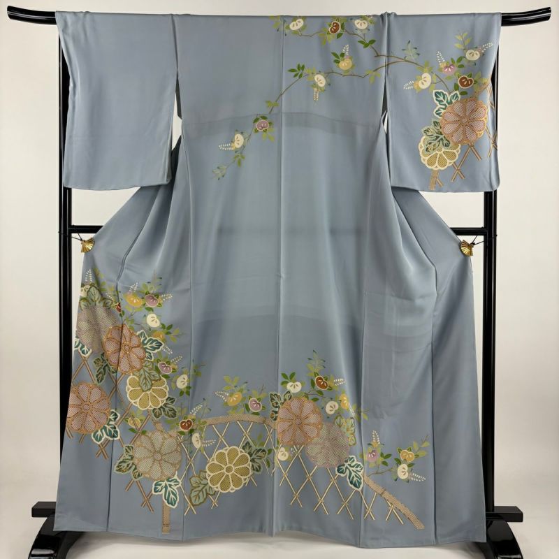 訪問着 身丈164cm 裄丈69.5cm L 袷 菊 橘 金糸 金彩 水色 正絹