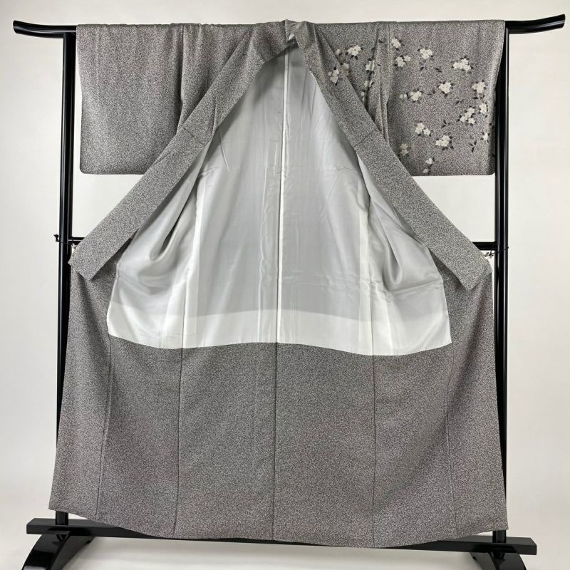 訪問着 身丈157.5cm 裄丈64cm M 袷 枝花 黒灰 正絹 美品 秀品