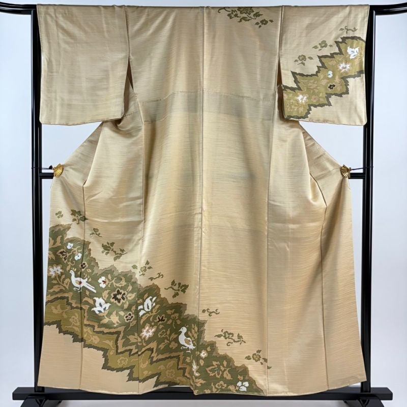 作家物 刺繍 金彩 一つ紋 裄65 付下げ 訪問着 正絹 AK-5649 訪問着 身丈157.5cm 裄丈64.5cm M 袷 草花 鳥 刺繍 金糸 薄茶色