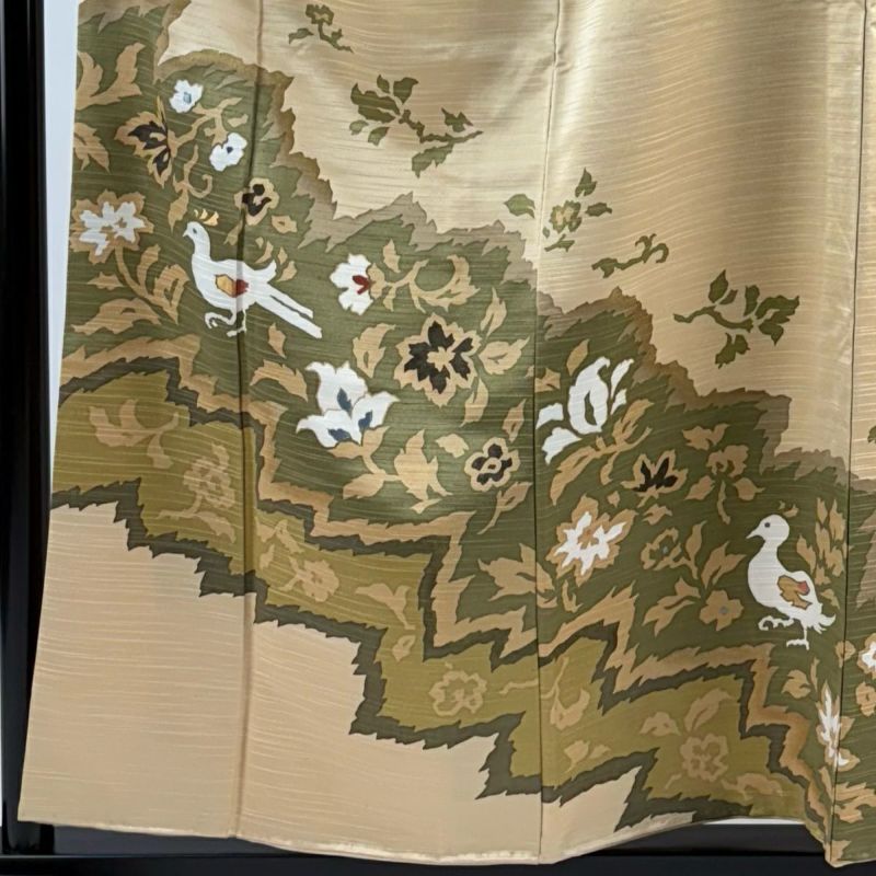 夏物 裄65.2cm 絽 白地 長襦袢 半衿付 正絹 ～158cm Jｓ694 訪問着 身丈157.5cm 裄丈64.5cm M 袷 草花 鳥 刺繍 金糸 薄茶色