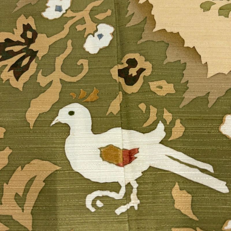 訪問着 身丈157.5cm 裄丈64.5cm M 袷 草花 鳥 刺繍 金糸 薄茶色