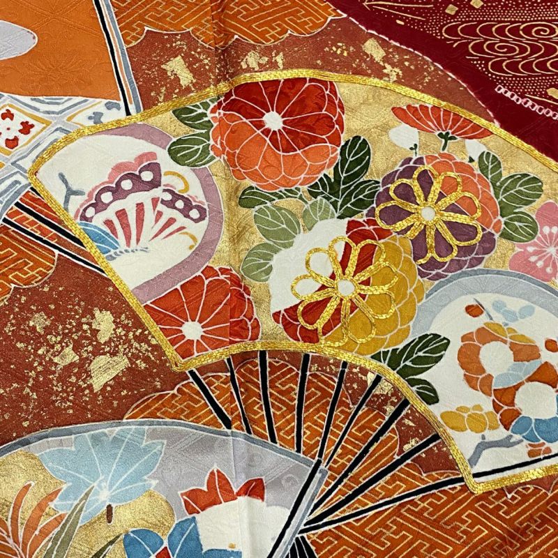 美品　正絹振袖フルセット　新品長襦袢　❤︎夢の世界のよう❤︎ 振袖 身丈168cm 裄丈69cm L 袷 扇 草花 金糸 絞り 赤 正絹 秀品