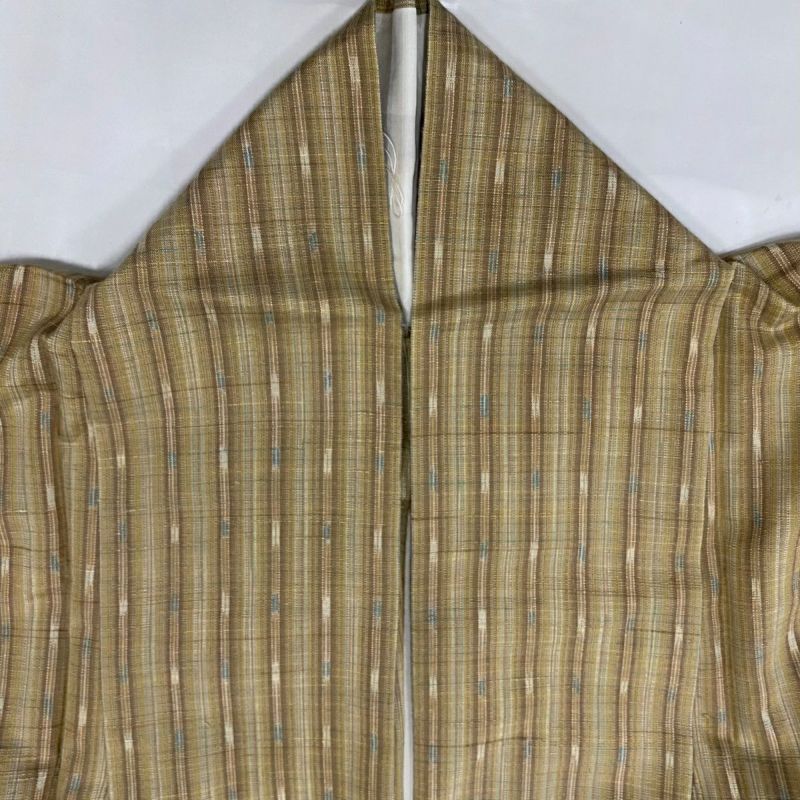紬 身丈150cm 裄丈60.5cm S 単衣 縦縞 ベージュ 正絹 美品 秀品