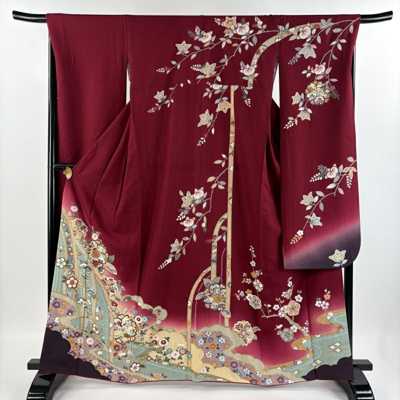 振袖 身丈164cm 裄丈67cm M 袷 桜 松 金糸 金銀彩 えんじ色 正絹
