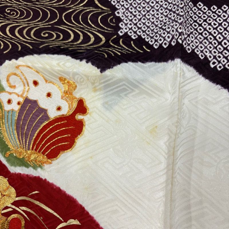 美品 振袖 深い黄緑 扇面 鶴 花文 雪輪 金彩加工 金駒刺繍 身丈154cm 振袖 身丈169.5cm 裄丈67cm M 袷 蝶 雪輪 金糸 金彩 クリーム