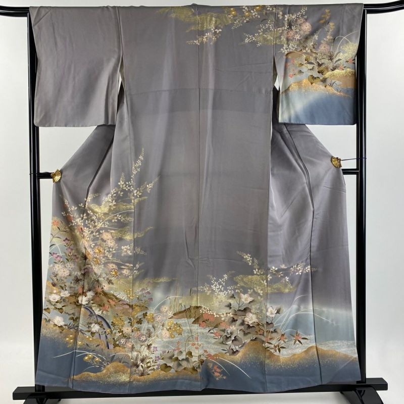 訪問着 身丈158cm 裄丈65.5cm M 袷 草花 滝 金糸 金彩 薄紫 正絹