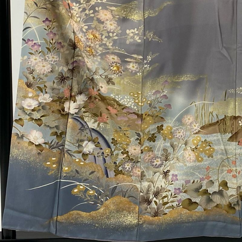 訪問着 身丈158cm 裄丈65.5cm M 袷 草花 滝 金糸 金彩 薄紫 正絹
