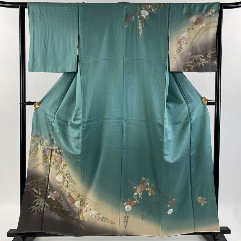 辻ヶ花に蝶々模様 金彩 縮緬 青緑 黒 袷 正絹 振袖・襦袢セット 31 辻ヶ花に蝶々模様 金彩 縮緬 青緑 黒 袷 正絹 振袖・襦袢セット 31