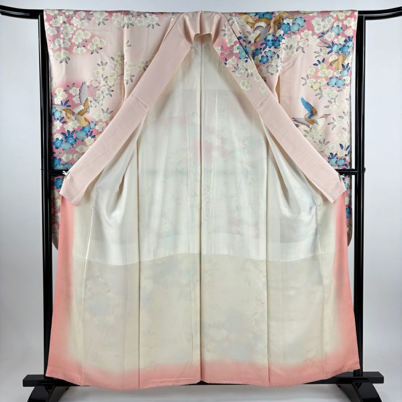 振袖 身丈158cm 裄丈64cm M 袷 ふき綿仕立て 鳥 桜 銀彩 ぼかし