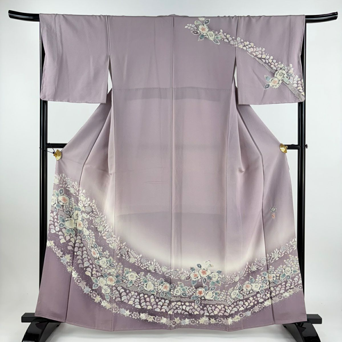 【極美品】訪問着 辻が花 正絹 縮緬 袷 紋付き 身丈168 裄72 深紫 訪問着 身丈160cm 裄丈68cm L 袷 辻が花 銀通し ぼかし 深緑