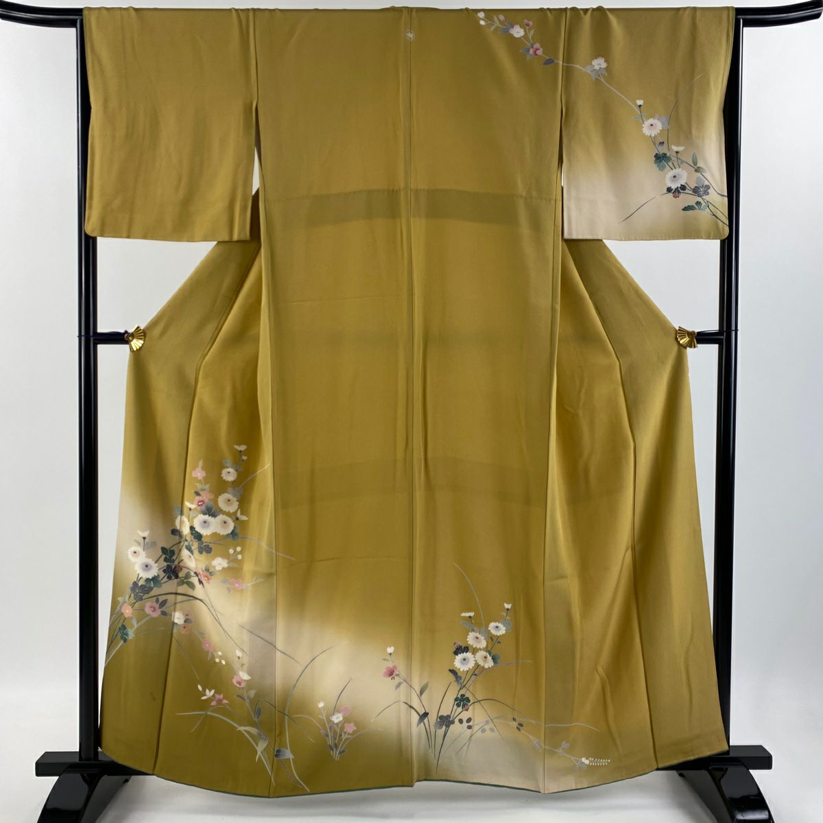 訪問着 身丈158cm 裄丈63cm S 袷 草花 疋田 絞り ぼかし 墨色