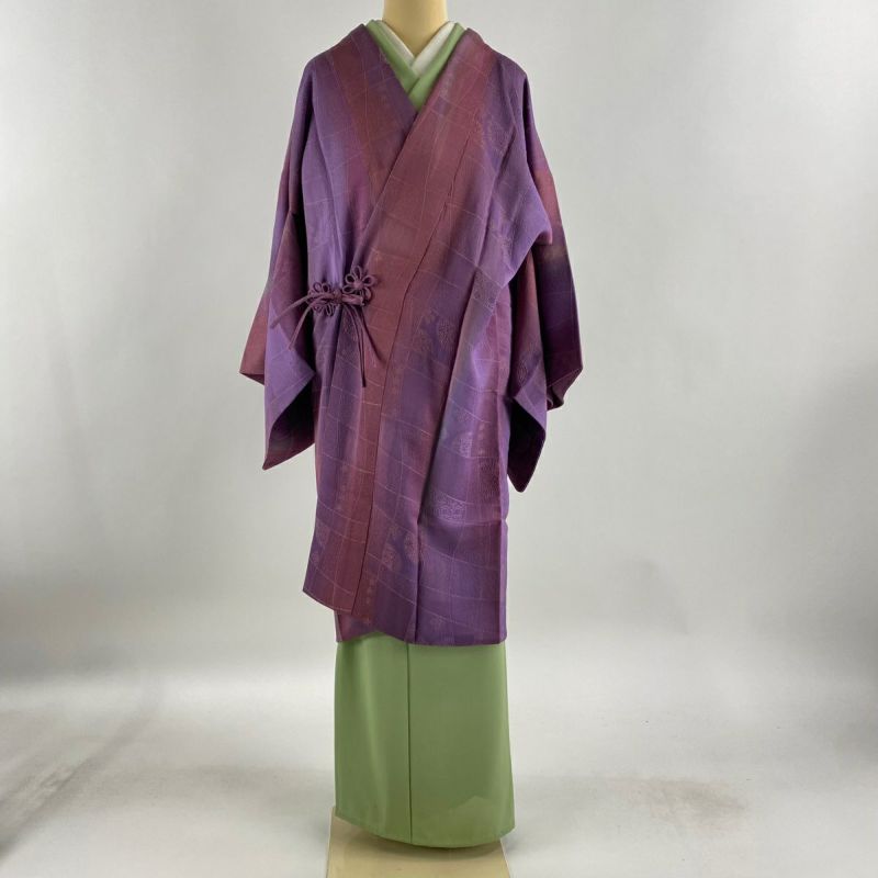 道中着 身丈102cm 裄丈68.5cm L 和装コート 華文 花菱 ぼかし 紫 正絹 美品 名品