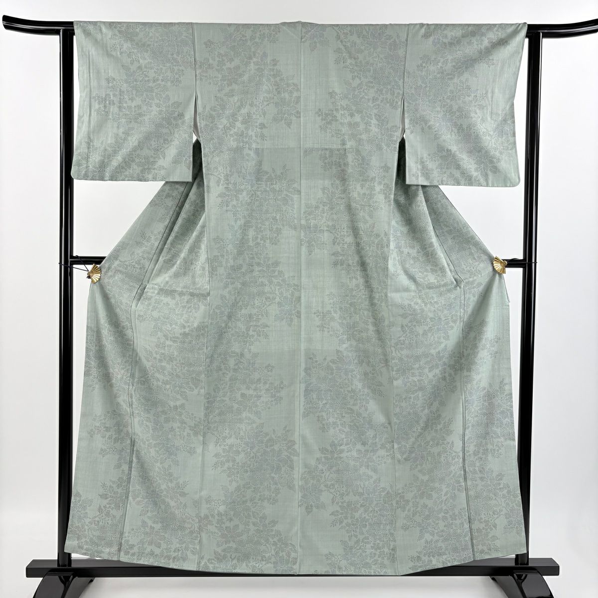 紬 身丈154.5cm 裄丈63.5cm S 袷 雪輪 蝶 灰色 正絹 秀品｜中古