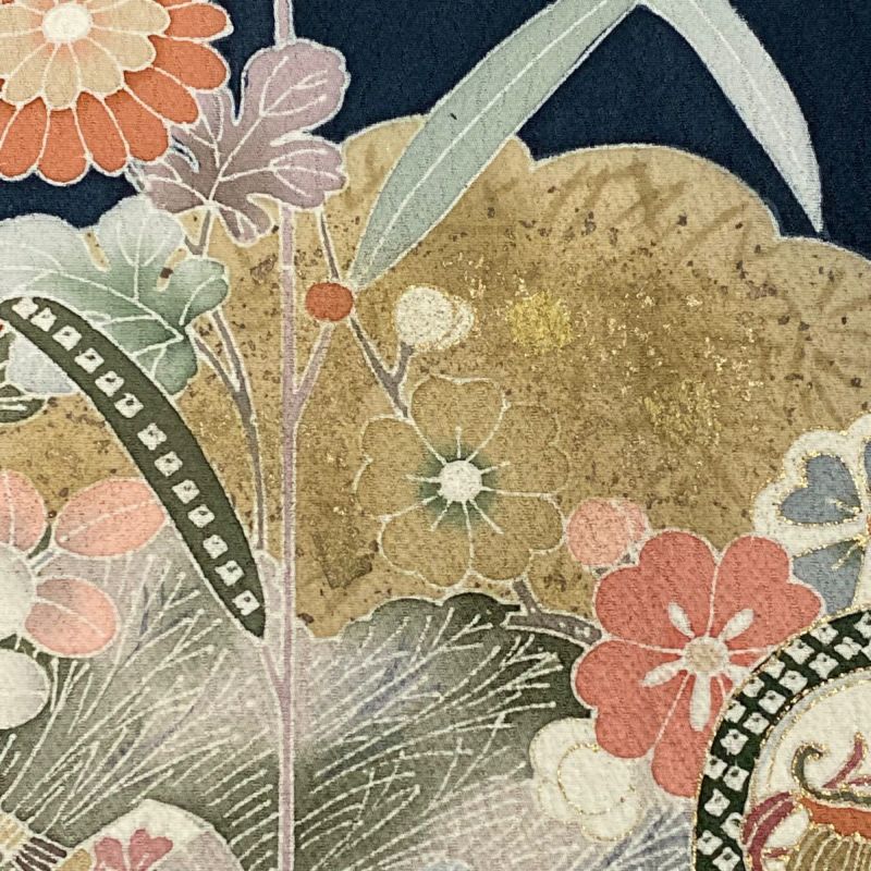 訪問着 身丈159cm 裄丈65.5cm M 袷 草花 蝶 金彩 深緑 正絹 秀品