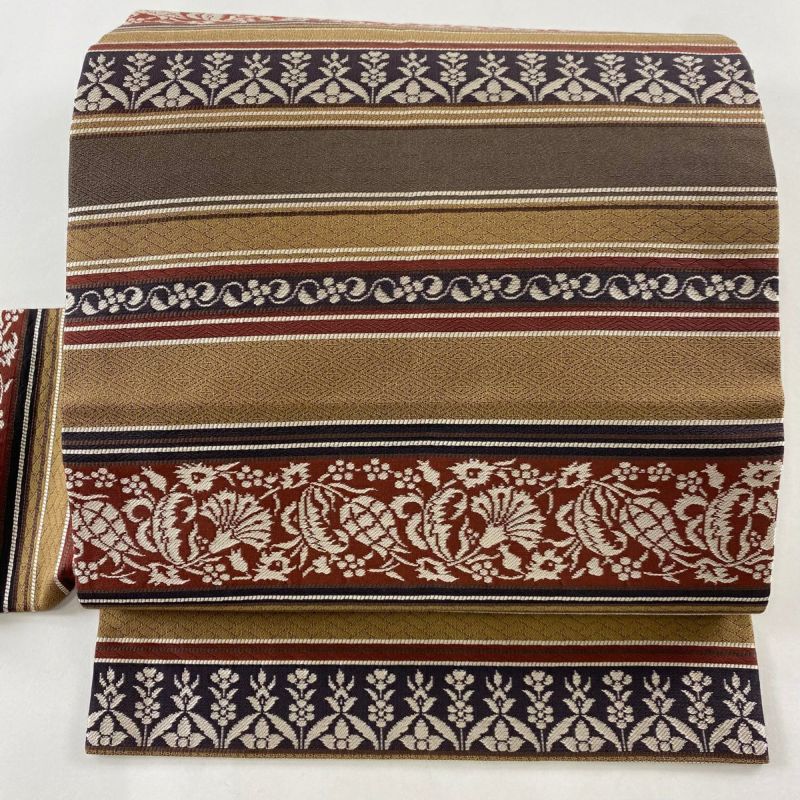 名古屋帯 秀品 草花 縞 山吹茶色 正絹｜中古・古着・リサイクル