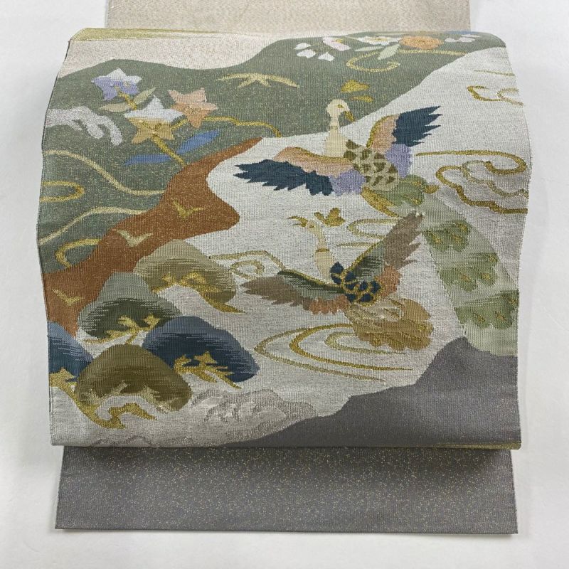 名古屋帯 秀品 松葉仕立て 八寸名古屋帯 鳥 草花 金銀糸 綴れ
