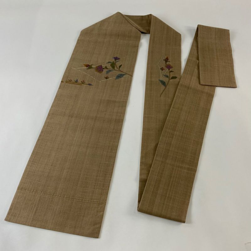 名古屋帯 美品 秀品 紬地 草花 幾何学 刺繍 茶色 正絹｜中古