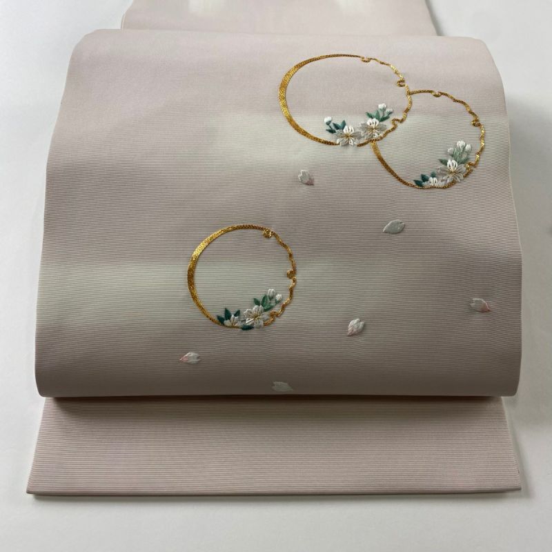 開き名古屋帯 秀品 桜 雪輪 金糸 灰桜 正絹｜中古・古着
