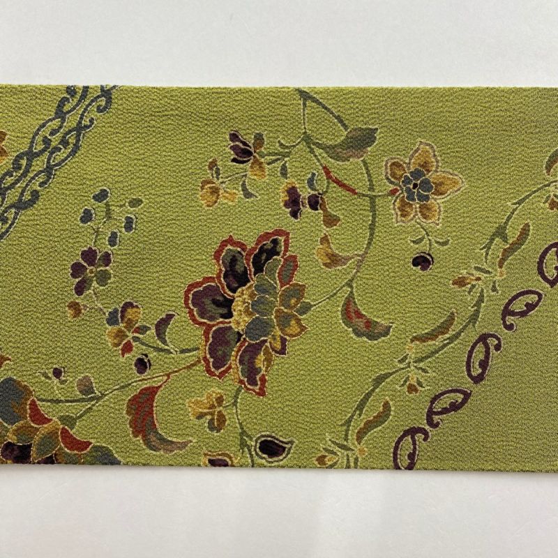 名古屋帯 美品 秀品 京友禅 草花 幾何学模様 縮緬 抹茶色 正絹