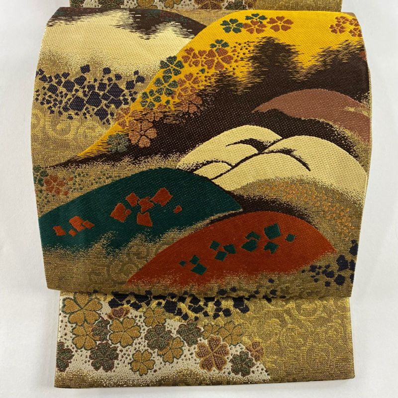 極美品★袋帯 袋帯 美品 秀品 桜 斜縞 金銀糸 箔 金色 六通 正絹 【中古