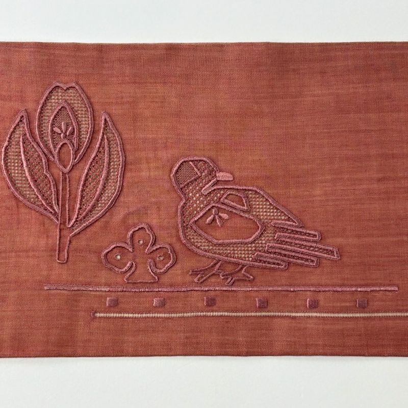 ZY-610 名古屋帯 向かい鳥 紬 美品 ハイセンス しつけ糸 名品 Framed bird＊ スワトウ刺繍 相良刺繍 鳥 未使用 リサイクル