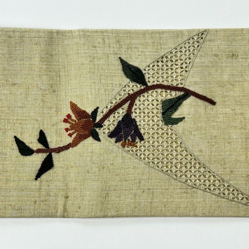 【中古品☆正絹】美品！夏用！紬生地！織り刺繍！名古屋帯 名古屋帯 美品 秀品 紬地 花唐草 刺繍 灰緑 正絹｜中古・古着