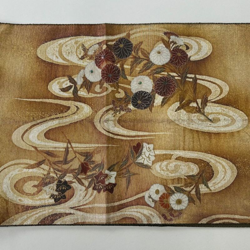 袋帯 秀品 菊 流水 螺鈿箔 金銀彩 焦茶色 お太鼓柄 正絹｜中古