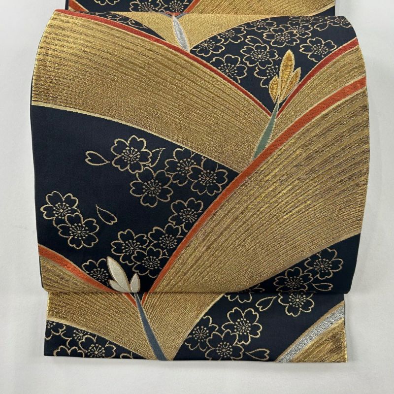 袋帯 秀品 若松 桜 金銀糸 刺繍 黒灰 六通 正絹｜中古・古着